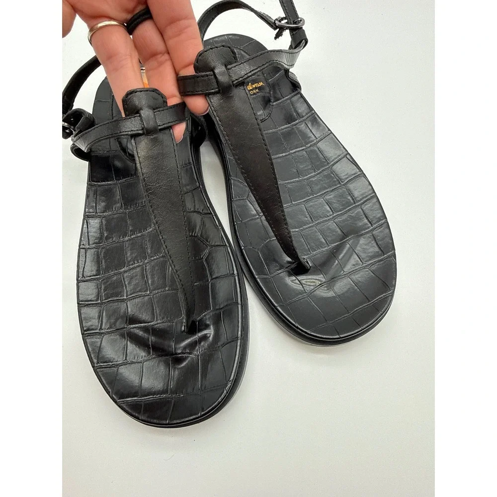 Sam Edelman Womens Black Croc Embossed T-Strap Buckle Ankle Sandals Size 7